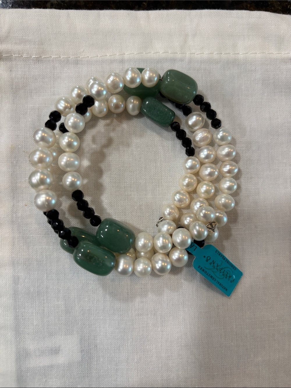 Natural gemstone,Pearl & Green Stone Kalifano wrap bracelet. Gift it!